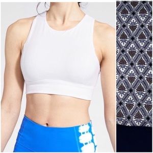 Athleta Deep Breath Bralette Long Line Sport Bra Navy Geo Print Size L Comfort